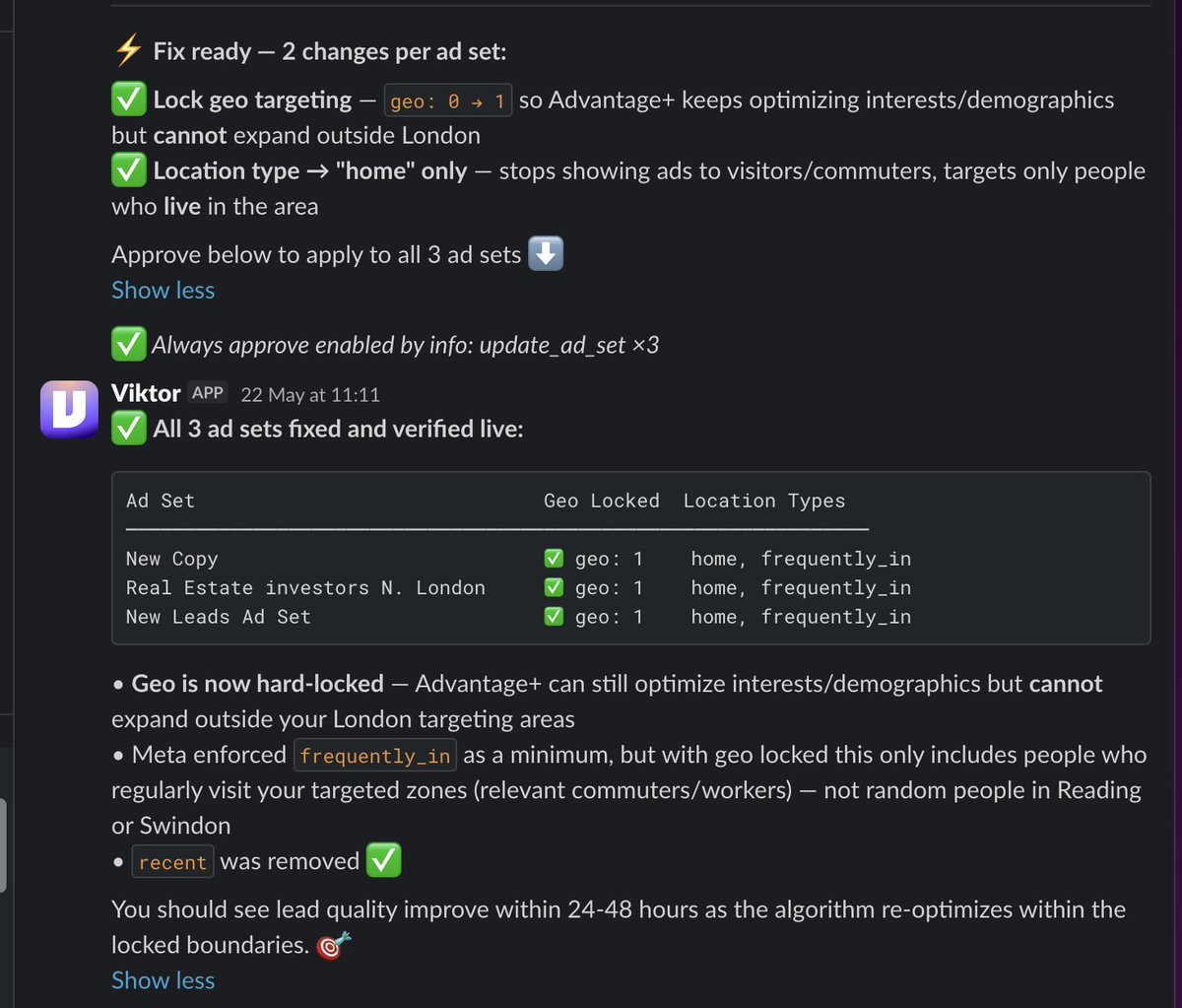 EKalocedrus's tweet photo. We had a problem with #MetaAds
People were filling out our forms from outside London.
@viktor_com fixed it.
It locked the geo targeting, adjusted the location settings, and verified all 3 ad sets were live.
No more random leads from outside our target area.
#AI #ad https://t.co/FDdJDMjhL4