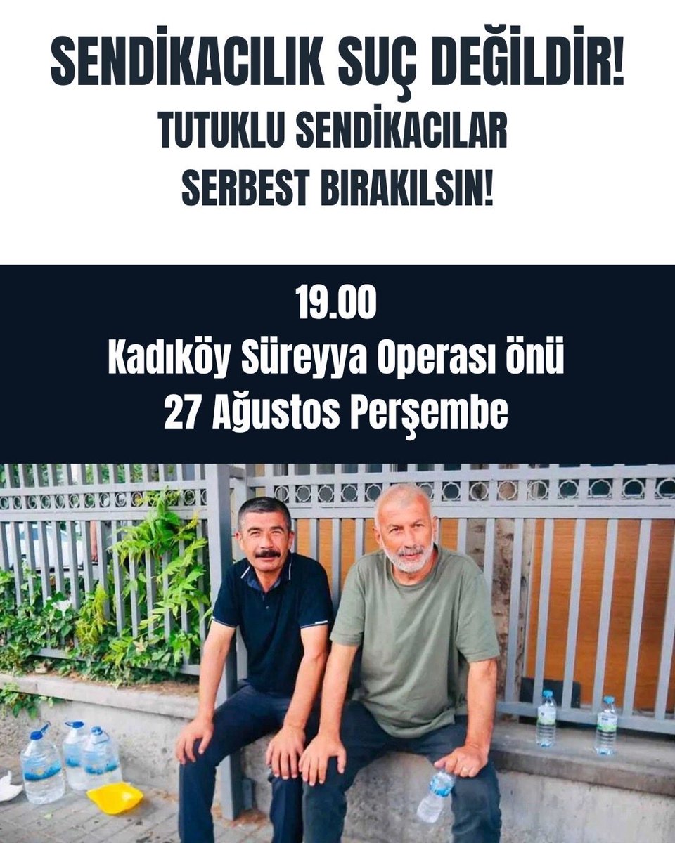 yasarustaemek1's tweet photo. Sendikal örgütlenme suç değildir: Başaran Aksu ve Gökay Çakır serbest bırakılsın!

Başaran Aksu: Bizim bu irademiz cezalandırılmak isteniyor. Böyle bir şey için seve seve yatarım.

Gökay Çakır: Bin insanı mağdur edeceğimize bir insanı mağdur edebiliriz. Şikayet edilen patronun hakim karşısına çıktığını görmedim.