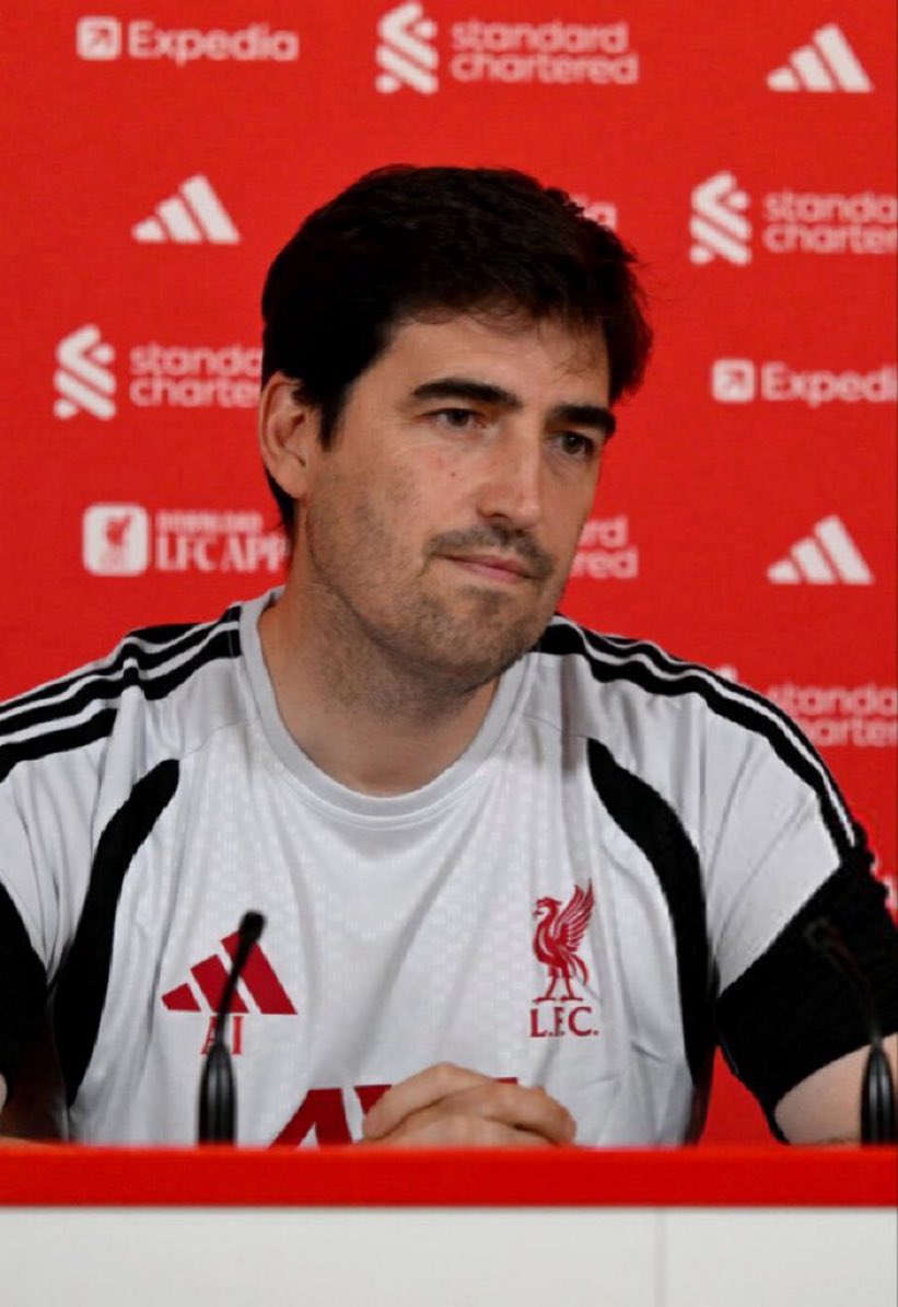LFCTransferRoom's tweet photo. Andoni Iraola on midfield defensive responsibility:

“We can't attack with everyone. I don't want to tell Ryan Gravenberch don't carry the ball as he scored against Monaco it came from his pass to Alex. But there is a balance, recognising the situation how we can balance those numbers in those positions.”

“Sometimes you have to accept (the players go forward), it isn't always one stays back and one goes forward. If the opposition are defending deep maybe both can go forward.”