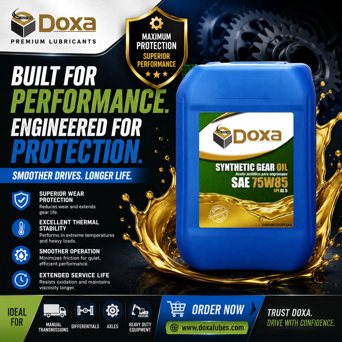doxalubes's tweet photo. ⚙️ Protect your gears. Drive with confidence.

Doxa Synthetic Gear Oil SAE 75W-85 API GL-5 is designed to support reliable lubrication and gear protection in demanding applications.

🛒 https://t.co/zpb2qpiH3b

#DoxaLubricants #GearOil #75W85 #APIGL5 https://t.co/LxANlRxxr1