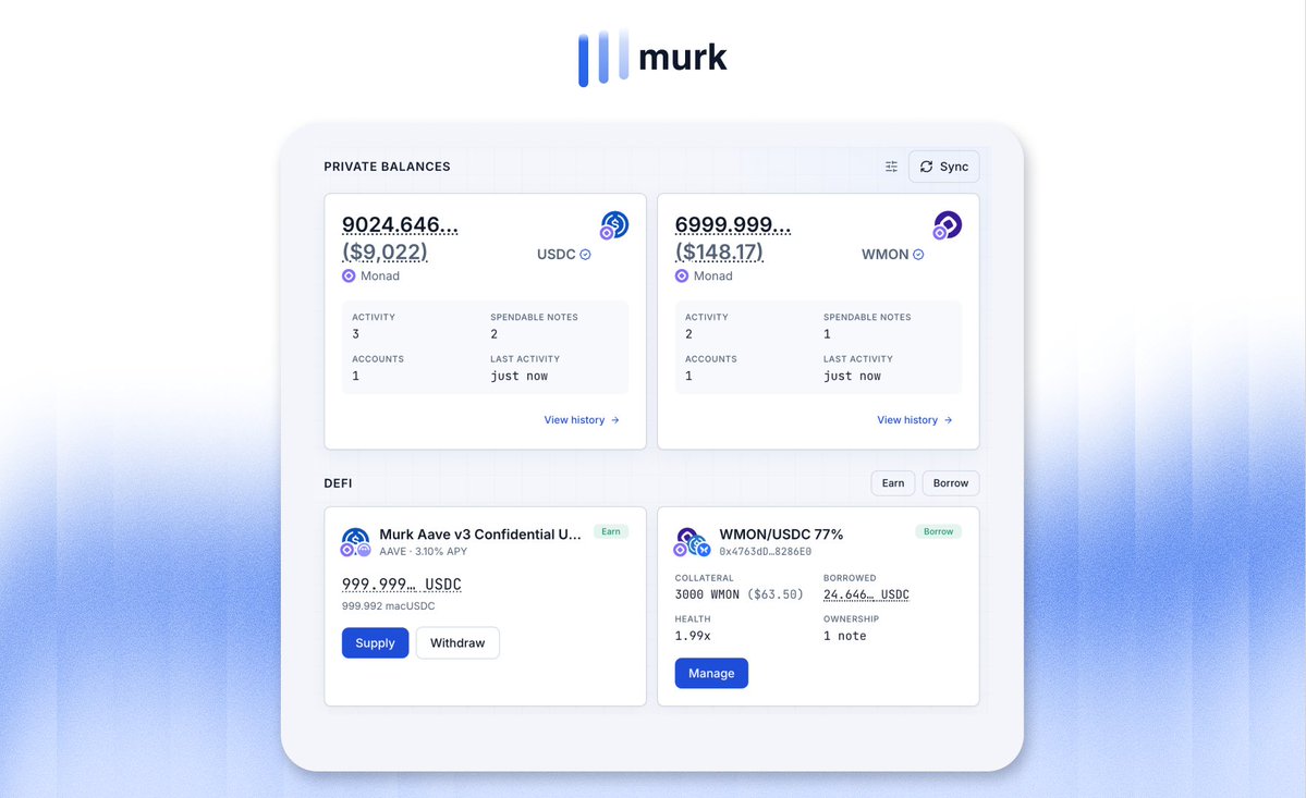 murkfinance's tweet photo. Murk lets you access onchain finance on @monad without exposing your identity

Join our Telegram for beta access 👉 https://t.co/4qk09W3QhR https://t.co/4yblqqbQPk