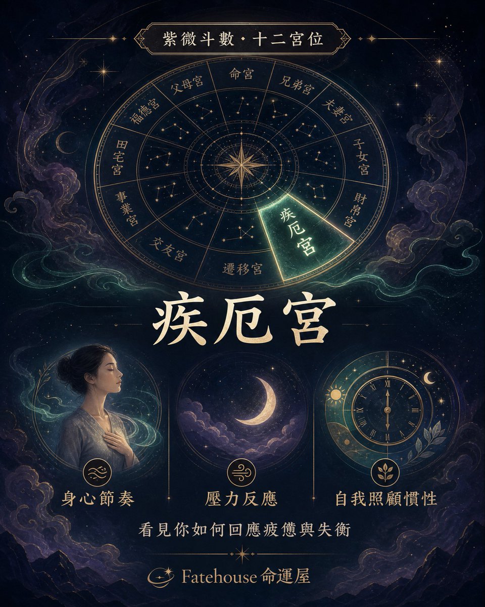 fatehouse0103's tweet photo. 疾厄宮看甚麼？

在紫微斗數的傳統詮釋中，它常用來觀察：
①身心節奏 
②壓力反應 
③自我照顧慣性

它不是健康預言，而是一個理解自己如何面對疲憊與失衡的角度。持續不適請諮詢合資格醫護人員。

 #紫微斗數 #疾厄宮 https://t.co/7H5Xaen9s1