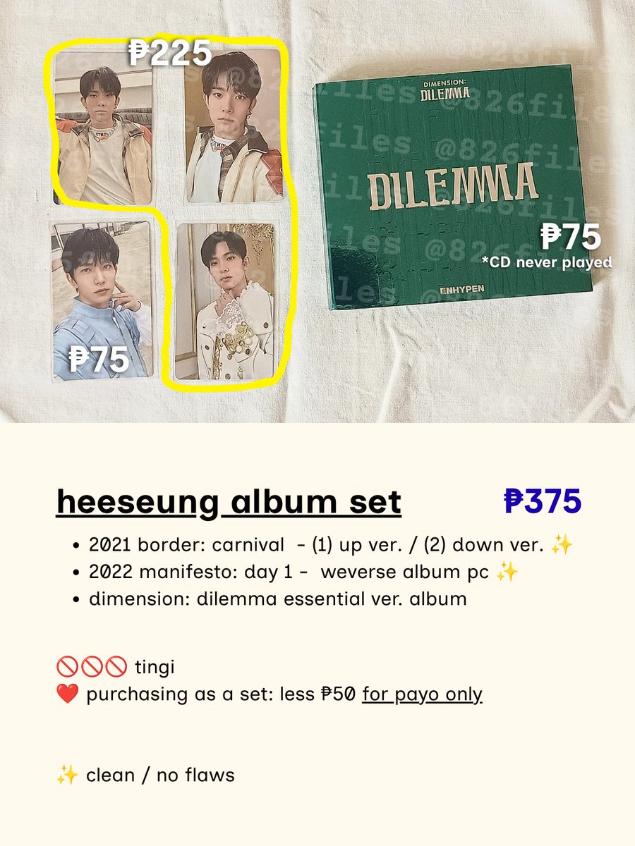 826files's tweet photo. wts lfb enhypen ph

💿 heeseung album set: ₱375
- dimension dilemma essential ver. CD, photobook
- border carnival up (1), down (2) pc
- manifesto day 1 weverse album pc

🚫 tingi
💵 gcash
🚚 jnt/lbc/sdd
✔️ 3-day reservation 🆗 https://t.co/3Z8KnmI35c