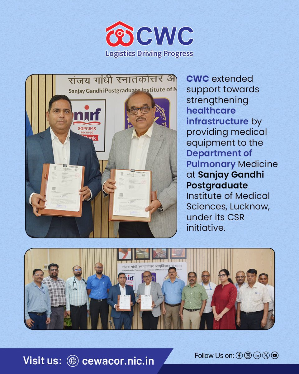 cwc_warehouse's tweet photo. Strengthening Healthcare, Supporting Lives.

CWC extended support towards strengthening healthcare infrastructure by providing medical equipment to the Department of Pulmonary Medicine at Sanjay Gandhi Postgraduate Institute of Medical Sciences, Lucknow, under its CSR initiative.

Through such initiatives, CWC continues to contribute towards better healthcare facilities and improved patient care.

#CWC #CSR #Lucknow #LogisticsDrivingProgress 

@JoshiPralhad @PralhadJoshiOfc @fooddeptgoi @blvermaup @Nimu_Bambhaniya @MDCWC @Directorprscwc @Director_FinCWC @Director_MCP