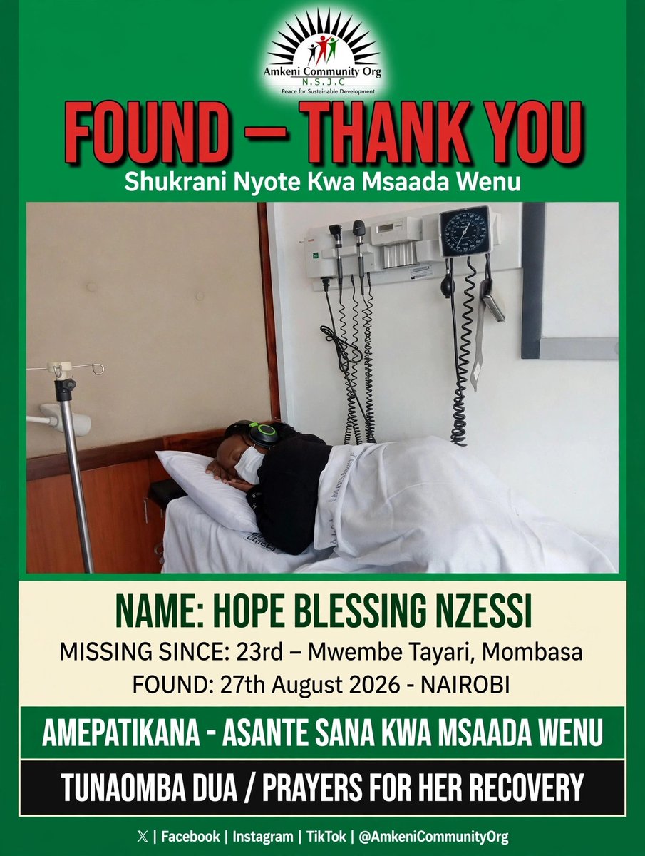 AmkeniC's tweet photo. 𝐇OPE 𝐁LESSING 𝐇AS 𝐁EEN 𝐅OUND - NAIROBI

Good news! Hope Blessing has been found in Nairobi and reunited with her mother, thanks to a well-wisher who rescued her and contacted her family.

We also want to thank the police and members of the public who helped in the search. https://t.co/GU5rQM14aP
