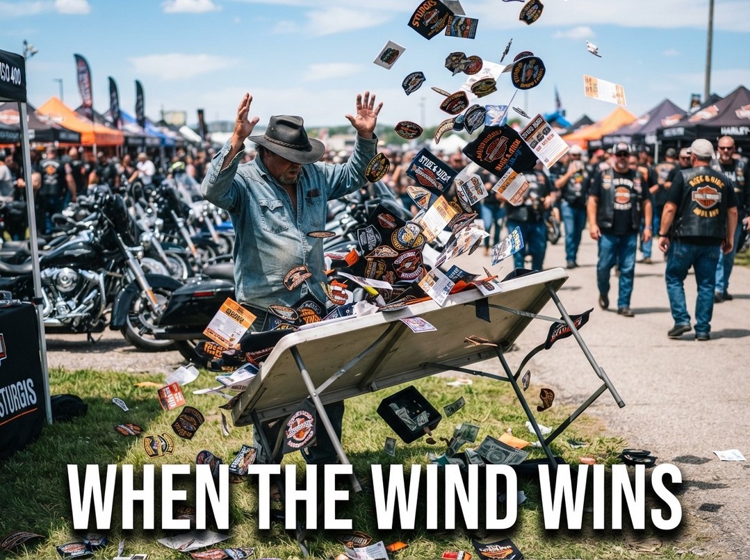 ShirleneLeavell's tweet photo. Every rally vendor eventually learns the hard lesson of outdoor setup: a sudden gust can send an unsecured folding table, patches, and pins flying. Nearby vendors rush to help, turning chaos into teamwork and a story retold at the next rally. Has https://t.co/yHS6Qkq3Up