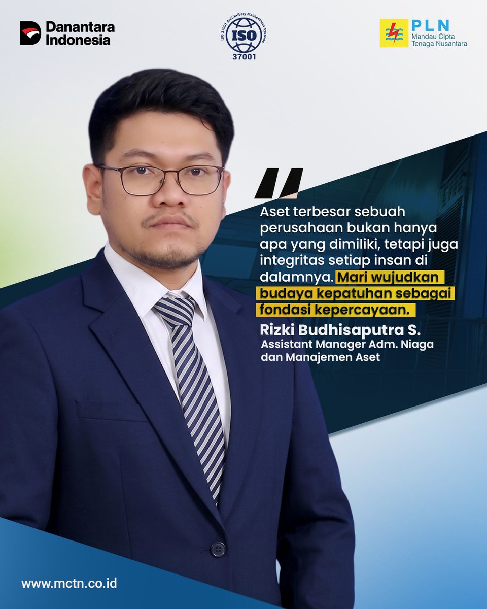 PLN_MCTN's tweet photo. Perusahaan yang kuat bukan hanya karena asetnya besar, tetapi karena orang-orang di dalamnya dapat dipercaya.

Karena itu, mari jadikan kepatuhan bukan sekadar kewajiban, tetapi budaya yang kita hidupkan bersama.

#PLNMCTN #SMAP #ISO37001 #Integritas #GoodCorporateGovernance https://t.co/qRiCJIsfRd