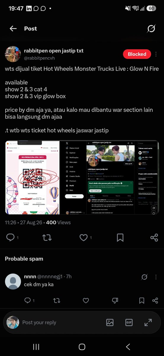 haduhpusink's tweet photo. ‼️SCAMMER ALERT‼️

SCAMMER: @rabbitpencvh 

HATI-HATI YANG LAGI NYARI TIKET Hot Wheels Monster Trucks Live : Glow N Fire 

show 2 &amp; 3 cat 4
show 2 &amp; 3 vip glow box

INI DIA PAKE IDENTITAS KORBAN BUAT NIPU ORANG LAIN

T. Wtb wts lfb hotwheels in jkt jakarta https://t.co/TzoNk4BZYt