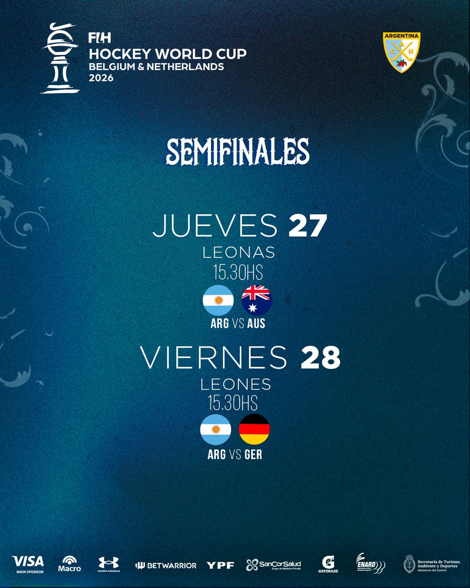 ArgFieldHockey's tweet photo. 🇦🇷ARGENTINA EN SEMIFINALES 🇦🇷 

🔝Argentina está entre los mejores 4 del mundo y es hora de alentar mas que nunca. 

💪 Las Leonas y Los Leones van en búsqueda de un lugar en la final de la Copa del Mundo 2026. https://t.co/uaUezNff6I