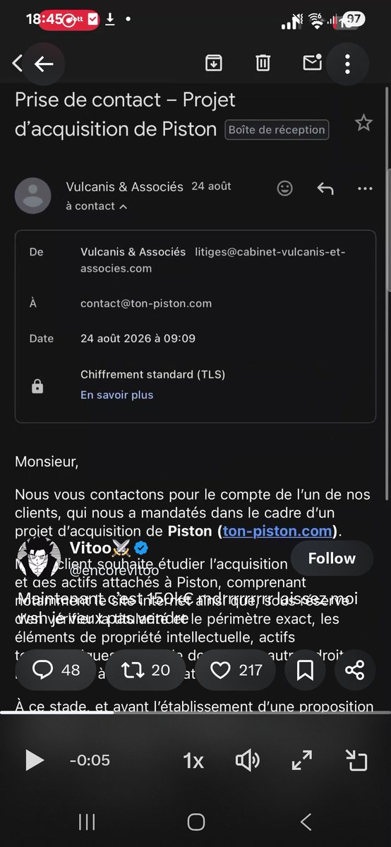 RadioChadFr's tweet photo. Ce scammer utilise un moyen répandu dans les scams ecom pour faire la promotion de son SaaS de merde vibcodé en 2 jours : faire croire que des gens veulent l'acheter.

Dans ce post il parle d'une proposition a 150k€ d'un cabinet qui n'existe pas. Ni virtuellement ni physiquement à l'adresse indiquée. La demande est envoyée depuis un email factice ("litige", probablement utilisée par lui pour d'autres scams) d'un site entièrement factice.