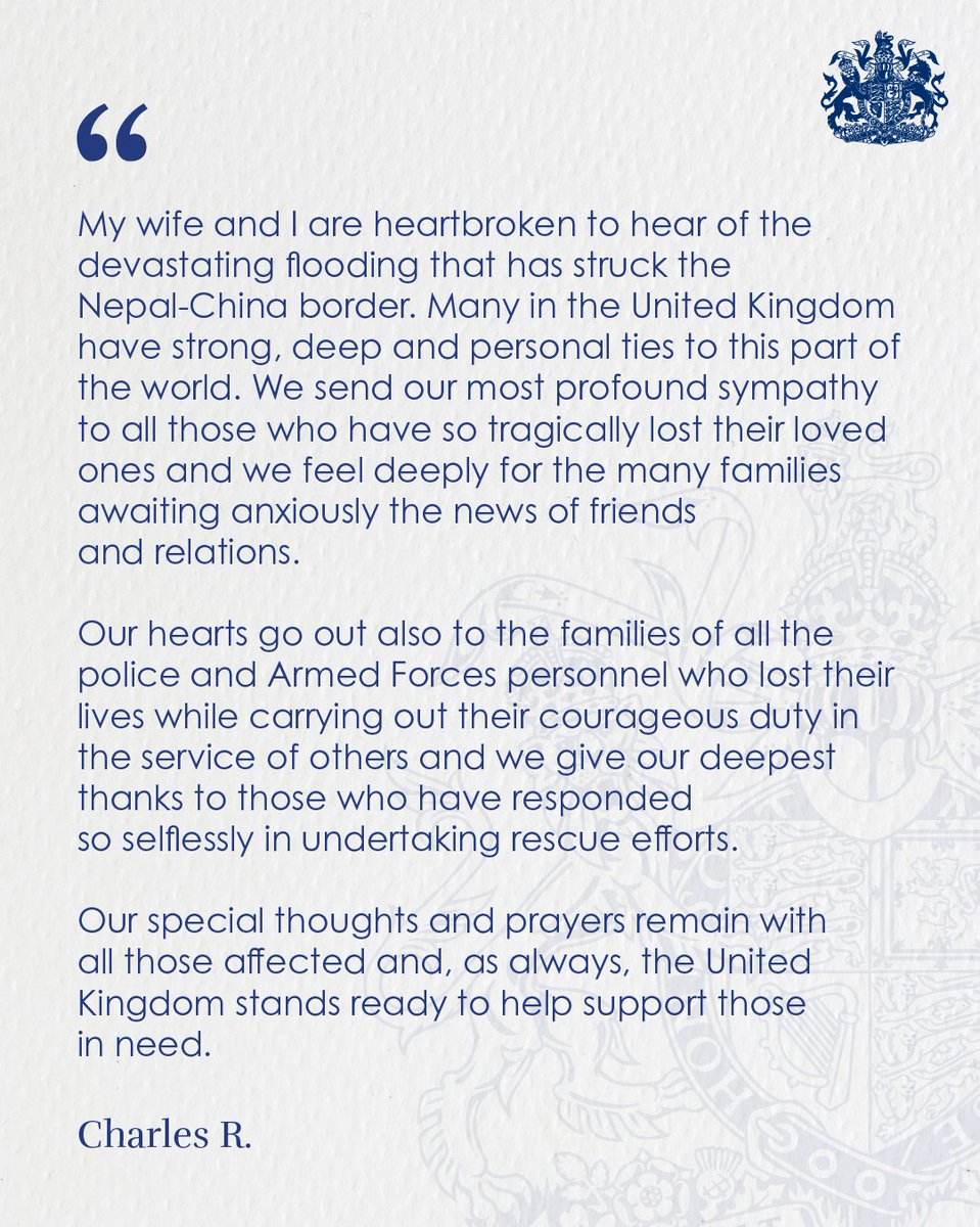 RoyalFamily's tweet photo. A message from The King to all those affected by the tragedy on the Nepal-China border. https://t.co/yqvhAD59YL