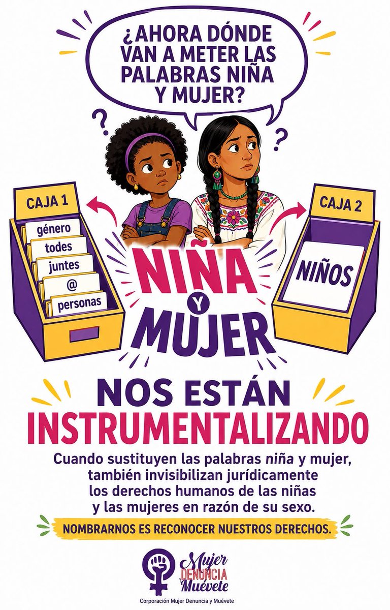 C_Mujer_DyM's tweet photo. Ni “niños” nos representa, ni el generismo que nos reduce a “personas”.

Exigimos ser nombradas en las leyes y políticas públicas: niñas como niñas y mujeres como mujeres.

Nombrarnos es reconocer nuestros derechos en razón del sexo.
#BastaDeBorradoJurídico @UNSRVAW @MarnIris https://t.co/d3KJHf1qBt