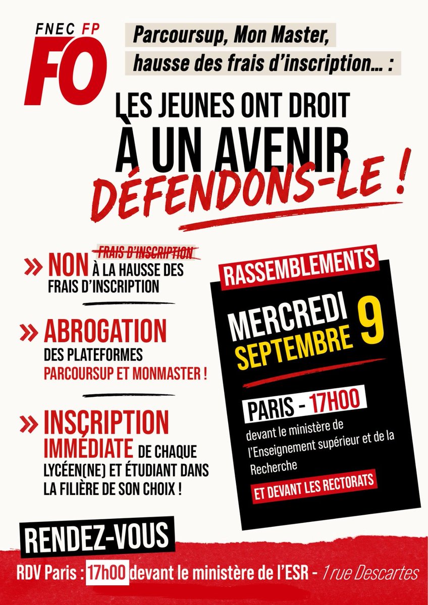 FnecFpFO's tweet photo. Inscription immédiate de tous les étudiants et bacheliers dans la filière de leur choix ! 
Rassemblements le 9 septembre au ministère et devant les rectorats !
#Parcoursup
#MonMaster 
#BienvenueEnFrance https://t.co/qBDW6WgX1V