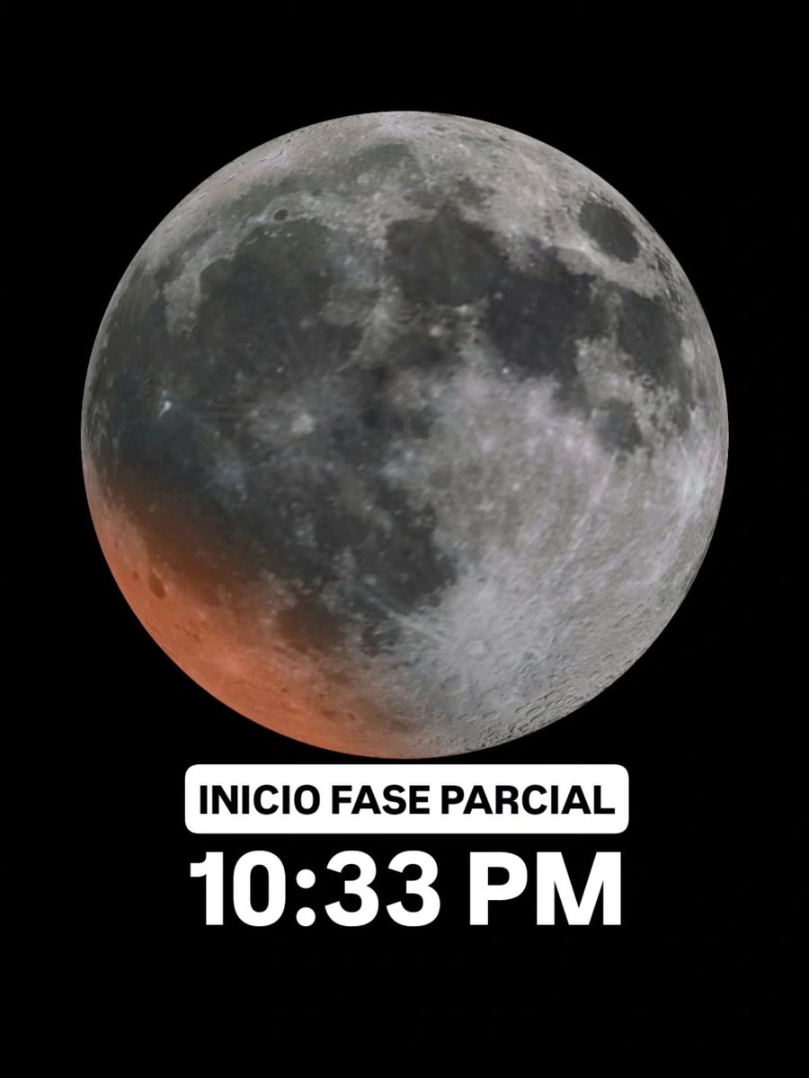 JeanSuriel's tweet photo. 🔴FASES DEL ECLIPSE EN RD:

⚠️​9:23 PM — Comienza la penumbra.
⚠️​10:33 PM — Comienza la fase parcial.
⚠️​12:12 AM — Máximo del eclipse.
⚠️​1:51 AM — Termina la fase parcial.
⚠️​3:01 AM — Termina la penumbra.

🔴Este fenómeno astronómico será visible desde todo el continente americano: 

PUERTO RICO, ANTILLAS MENORES, CUBA, JAMAICA, MÉXICO, CHILE, COLOMBIA, VENEZUELA, BAHAMAS,
ESTADOS UNIDOS, CANADÁ, HAITÍ, CENTROAMÉRICA, SURAMÉRICA.

Sigue ⬇️