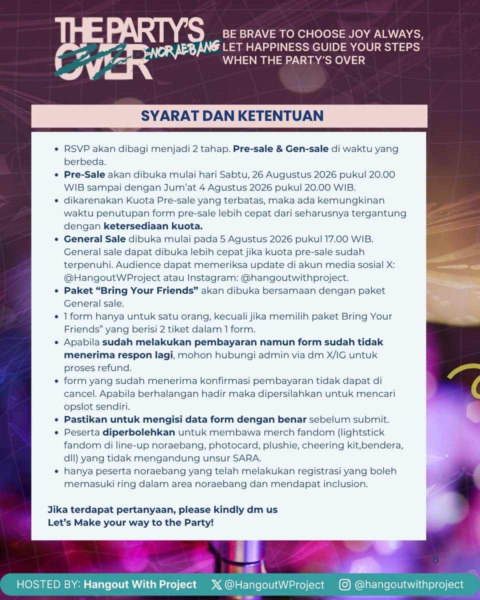 HangoutWProject's tweet photo. 🎟️Your invitation to PARTY’S OVER NORAEBANG awaits!🎤

Before you RSVP, please make sure to read and understand the Terms & Conditions carefully. By submitting your RSVP, you acknowledge and agree to all the terms and conditions provided by Hangout With Project.

Please make sure all information submitted during the RSVP process is accurate and complete. Any issues resulting from incorrect or incomplete information will be the responsibility of the registrant.

Ready to join the party? 👀
Head to our RSVP link and secure your invitation!
📍 Lotte Alley, Lotte Mall Avenue
🎤 ATEEZ × NCT DREAM × NCT 127 × SEVENTEEN

Keep your notifications on and get ready to make some noise!🔥🎶
SPICE IS ON.
DON’T LET THE PARTY’S OVER.
#ThePartyOverHere