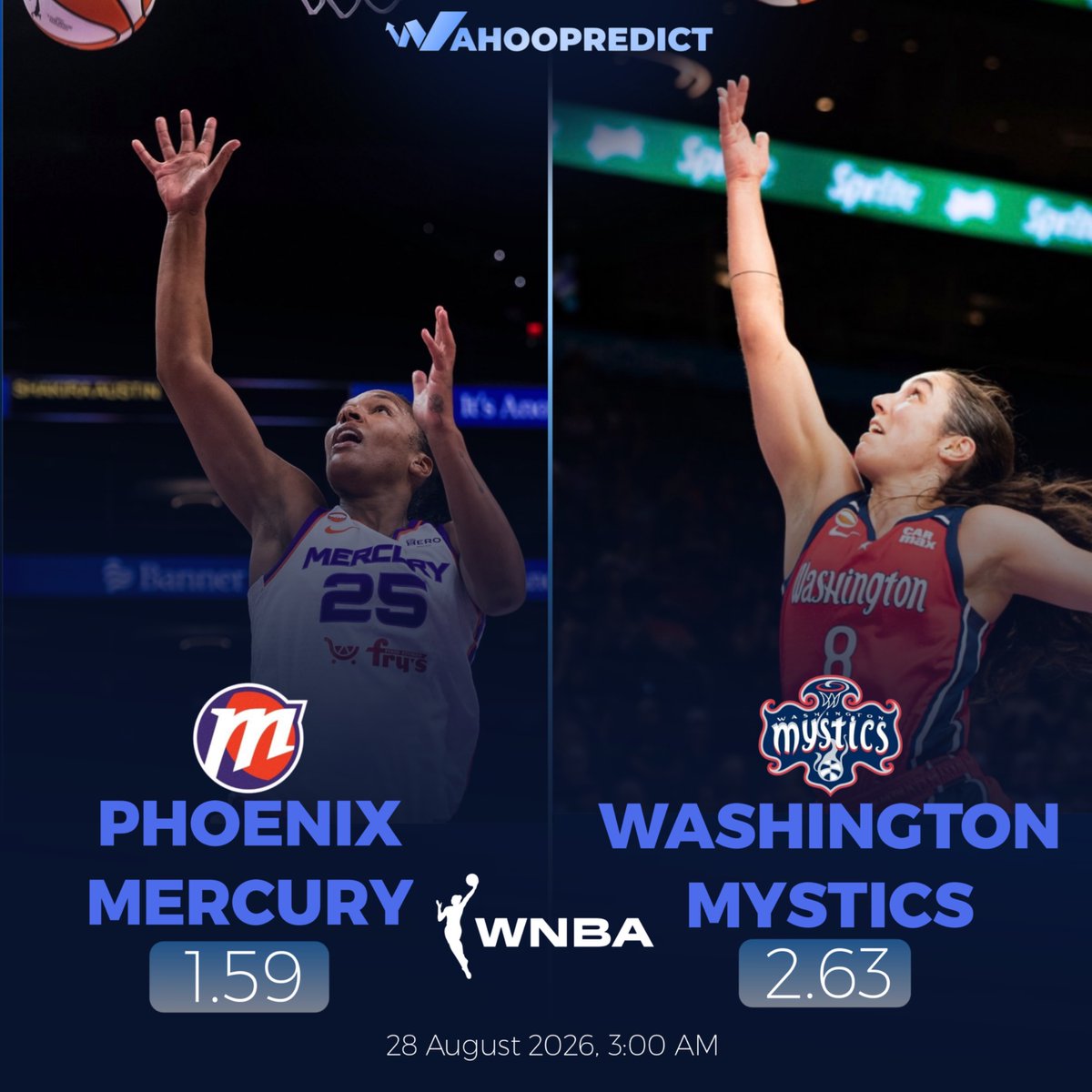 Wahoopredict's tweet photo. Any WNBA fans in the chat? Or just football fans? 👀

Tomorrow at 2AM UTC, we have the Phoenix Mercury facing off against the Washington Mystics… who’s taking the W? https://t.co/IRUoSf31kM
