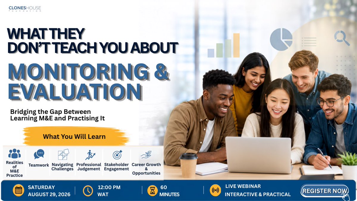 cloneshouse_f's tweet photo. 🚨 YEEs, 2 days to go!

What happens when M&amp;E moves from the textbook to the field?

Join our FREE live session, "What They Don’t Teach You About M&amp;E", with CIP alumna @Rach_Okoronkwo.

📅 Aug 29 | 12 PM WAT
#RegisterNow: https://t.co/8cjLhUZ1kB

#YEE #EvalYouth #Webinar https://t.co/Vve7yT2dXd