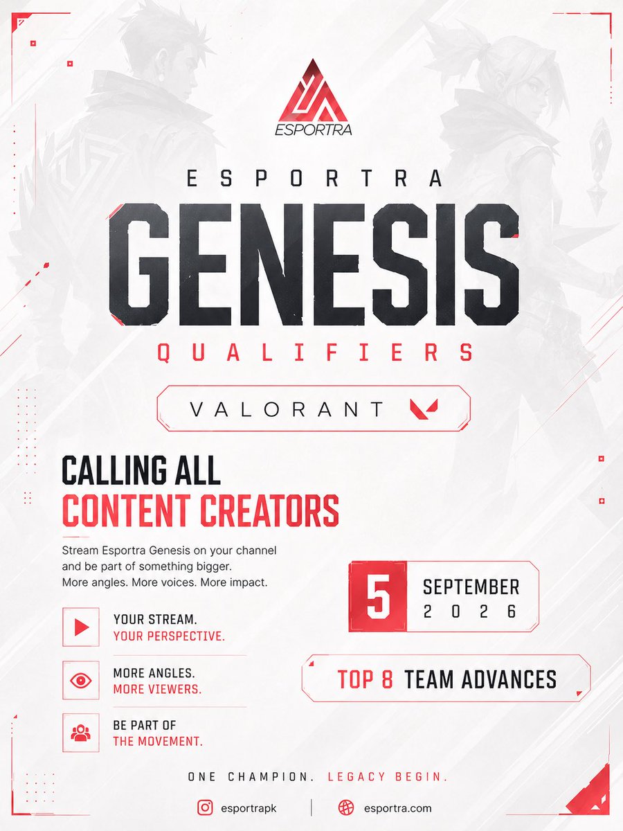 Esportrapk's tweet photo. CALLING ALL CONTENT CREATORS &amp; STREAMERS! 🎥🔥

The ESPORTRA Genesis Valorant Qualifiers kick off on September 5th, and we are opening up co-streaming rights to the entire community!

This is your chance to broadcast the tournament live on your channel, bring your own commentary https://t.co/gric4bf8sA