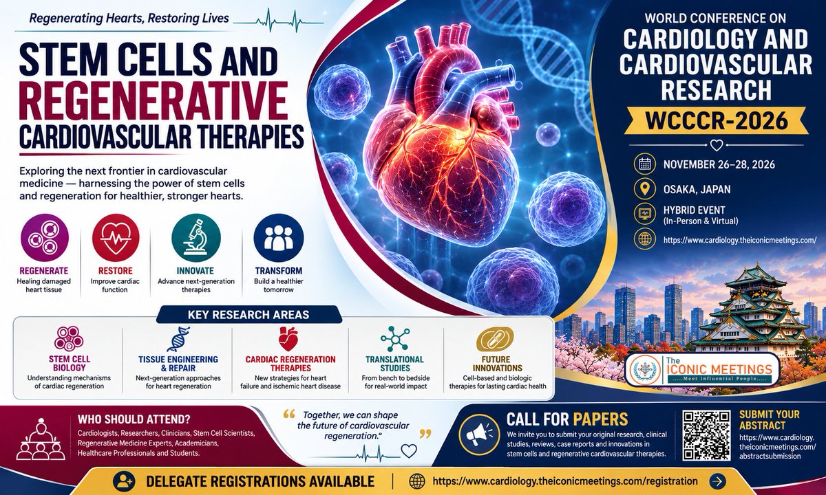 InfoWcccr's tweet photo. Regenerating Hearts. Restoring Lives.

Explore the future of cardiovascular regeneration at #WCCCR2026:

📅 Nov 26–28, 2026
📍 Osaka, Japan
💻 Hybrid Event

🎟️ Delegate Registration:
https://t.co/OEfxKhLZ4Z
#RegenerativeMedicine #Cardiology #CardiovascularResearch #HeartHealth https://t.co/s0hTnkgkuq