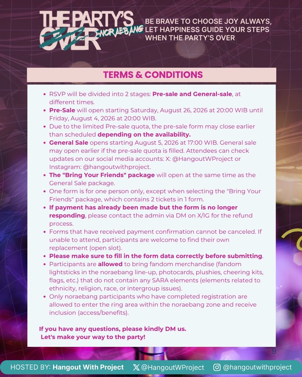 HangoutWProject's tweet photo. 🎟️Your invitation to PARTY’S OVER NORAEBANG awaits!🎤

Before you RSVP, please make sure to read and understand the Terms & Conditions carefully. By submitting your RSVP, you acknowledge and agree to all the terms and conditions provided by Hangout With Project.

Please make sure all information submitted during the RSVP process is accurate and complete. Any issues resulting from incorrect or incomplete information will be the responsibility of the registrant.

Ready to join the party? 👀
Head to our RSVP link and secure your invitation!
📍 Lotte Alley, Lotte Mall Avenue
🎤 ATEEZ × NCT DREAM × NCT 127 × SEVENTEEN

Keep your notifications on and get ready to make some noise!🔥🎶
SPICE IS ON.
DON’T LET THE PARTY’S OVER.
#ThePartyOverHere