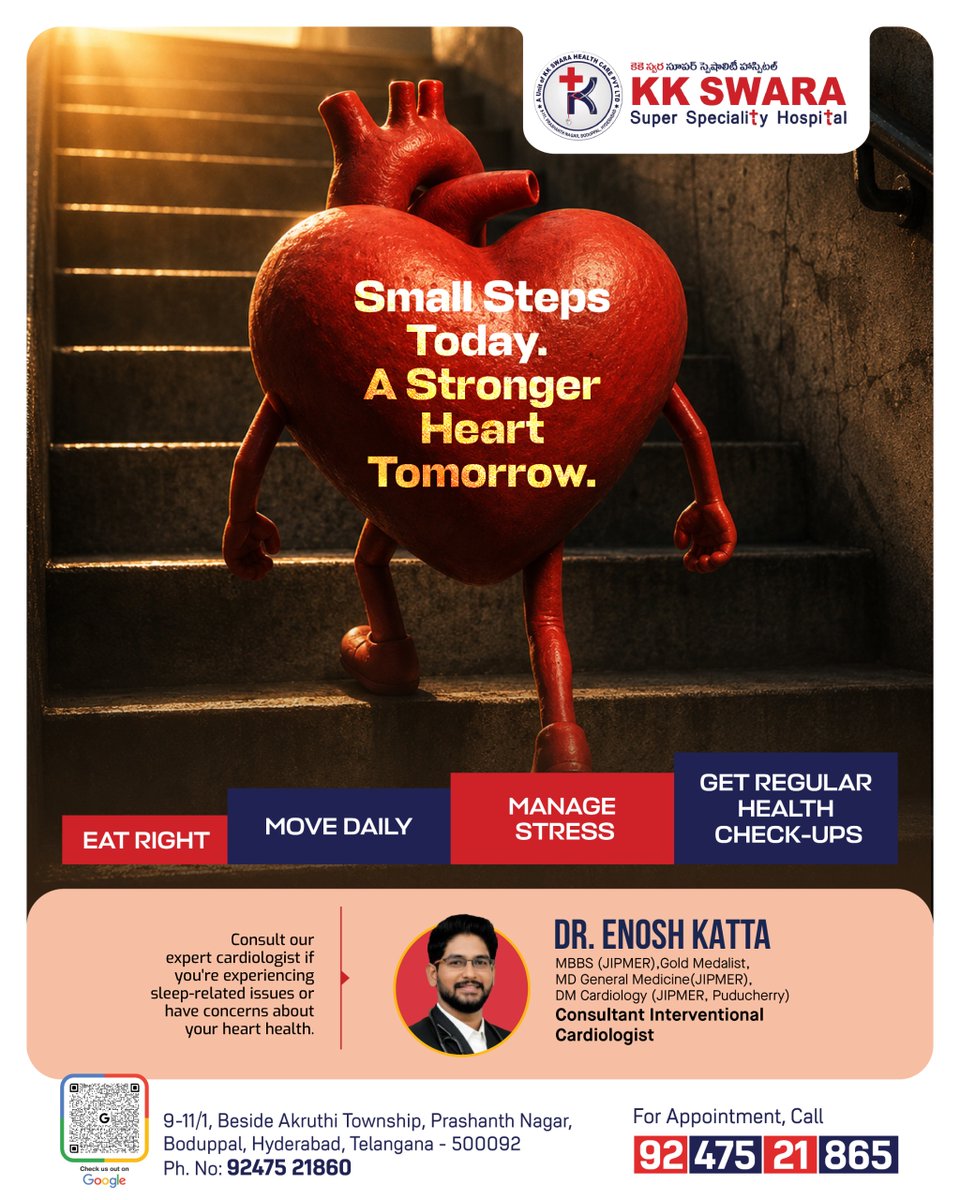 kk_swara's tweet photo. Small steps today can build a stronger heart tomorrow. ❤️
Eat right. Move daily. Manage stress. Get regular health check-ups. 🫀
Concerned about your heart health or sleep-related issues? Consult an expert cardiologist.

#HeartHealth #Cardiology #HealthyHeart #KKSwaraHospital https://t.co/BBE3vTicp1