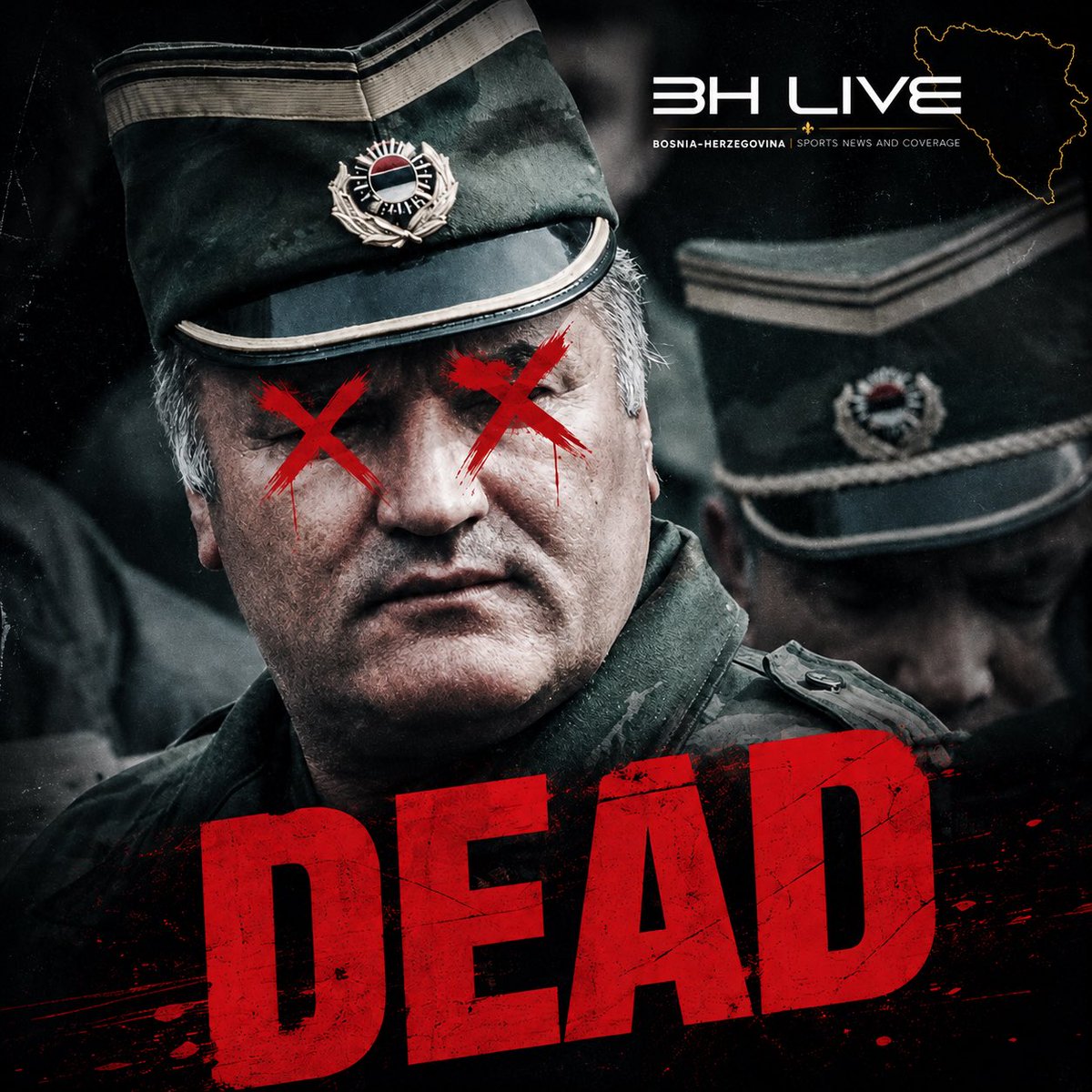 BhLive's tweet photo. 🚨‼️BREAKING: RATKO MLADIČ DEAD 🔥

Ratko Mladić, the former Bosnian Serb military commander convicted of genocide and crimes against humanity, has died while serving a life sentence in The Hague.

Mladić was convicted over the 1995 Srebrenica genocide and other crimes committed during the Bosnian War.