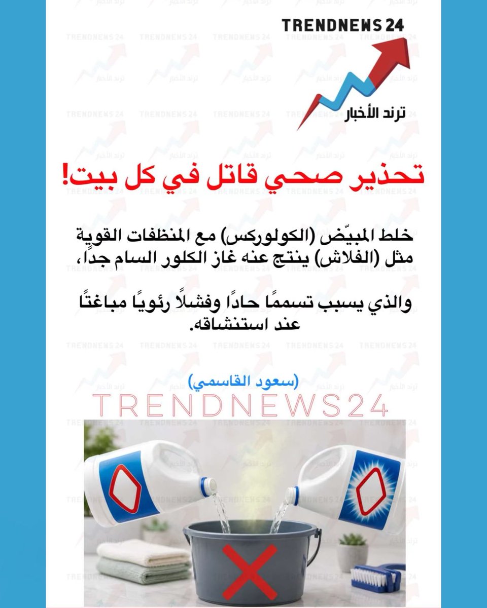 trendnews_24's tweet photo. تحذير صحي قاتل في كل بيت!

خلط المبيّض (الكولوركس) مع المنظفات القوية
مثل (الفلاش) ينتج عنه غاز الكلور السام جدًا،

والذي يسبب تسممًا حادًا وفشلاً رئويًا مباغتًا
عند استنشاقه.

(سعود القاسمي) https://t.co/zelkiTciDw