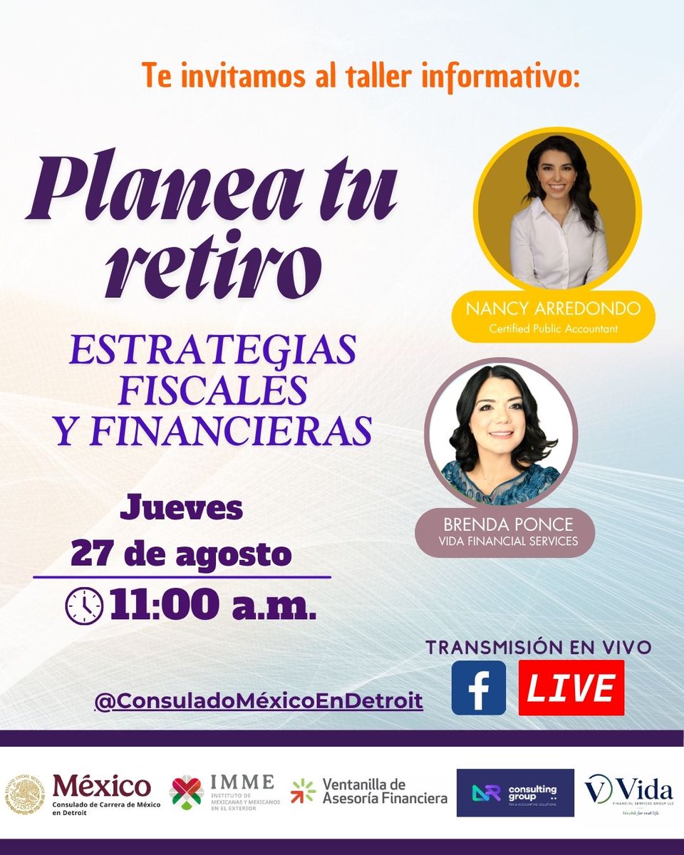 consulmexDET's tweet photo. La #VAF te invita al taller: Planea tu retiro 
📆 27 de agosto 
🕛11:00 am 
🌐Facebook Live
#VAF #VentanilladeAsesoríaFinanciera #Planeación #Retiro #MásvalePrevenir https://t.co/pJT5WcKwFF