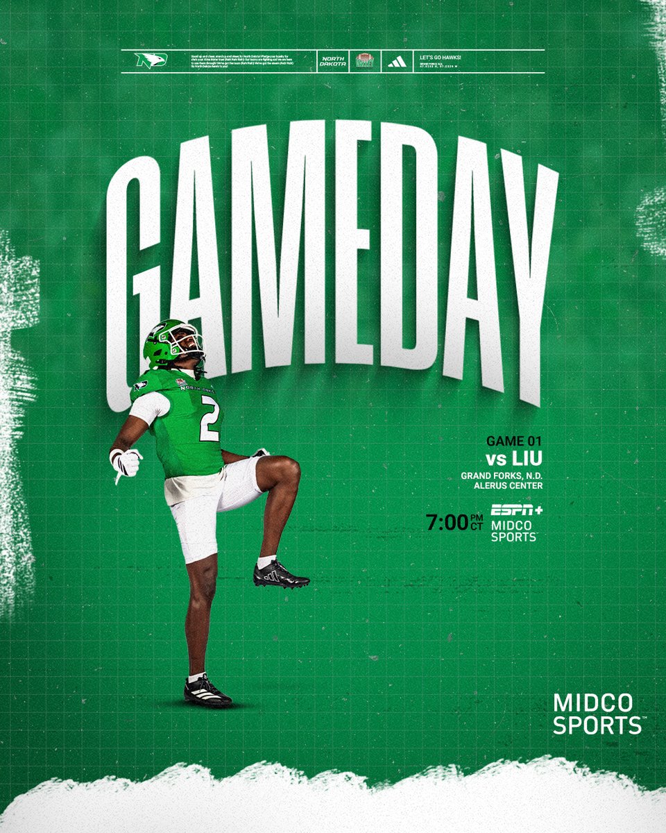 UNDfootball's tweet photo. Home Opener presented by @MidcoSports️ !

📅Tonight | Aug 27
🆚LIU
⏰7 p.m.
📍@AlerusCenter 
🎆Post-game fireworks
🎟️ https://t.co/3oQqgt68OO
📺Midco Sports/ESPN+ 
📊https://t.co/BojXGqBQNh
🔊Fighting Hawks Radio Network | https://t.co/p2vboqvWAd

#UNDproud | #LGH https://t.co/njjljO9C93