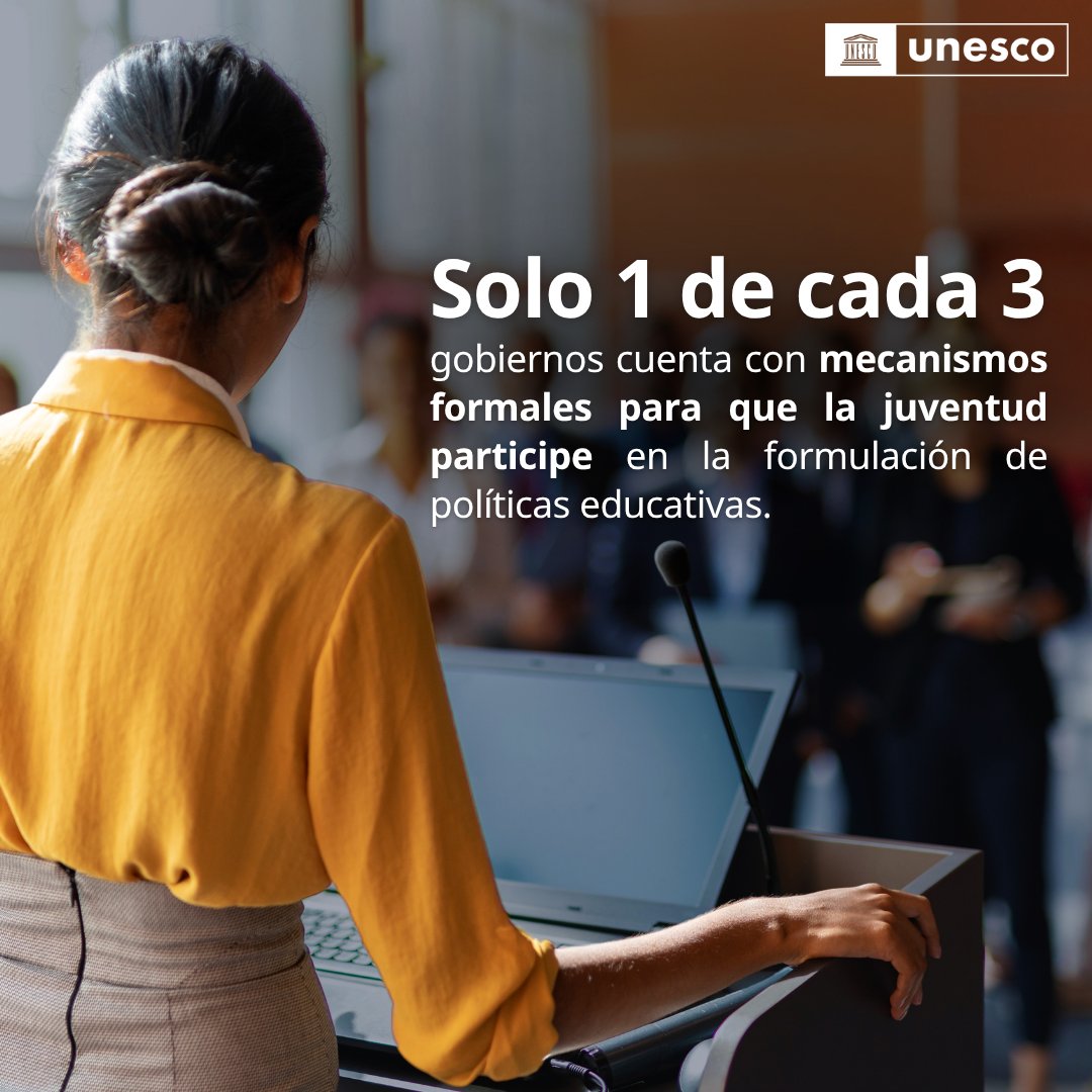 UNESCO_es's tweet photo. Las personas jóvenes menores de 30 años representan más de la mitad de la población mundial. Sin embargo, su participación en la definición de las políticas educativas sigue siendo limitada.

El Informe «Liderar con la juventud», elaborado por el #GEMReport de la UNESCO y la Oficina de las Naciones Unidas para la Juventud, revela que solo 1 de cada 3 gobiernos cuenta con mecanismos formales para involucrar a la juventud:https://t.co/DyTunBp5jP