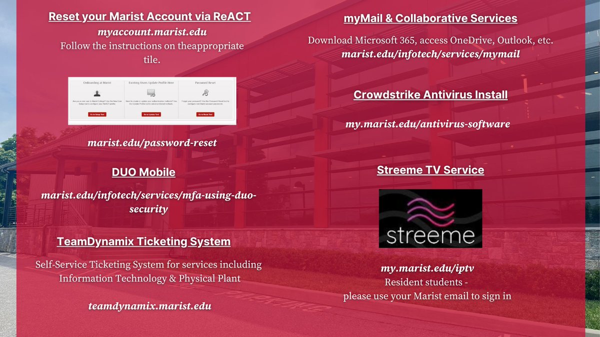 MaristDigitalEd's tweet photo. Welcome to Marist, remaining first year students! We're so excited to see campus come alive with new faces, new dreams, and new adventures. Here are some helpful IT tips as you move in today! #MaristMoveIn #WelcomeToMarist #ClassOf2030 https://t.co/Q77NXHsuCa