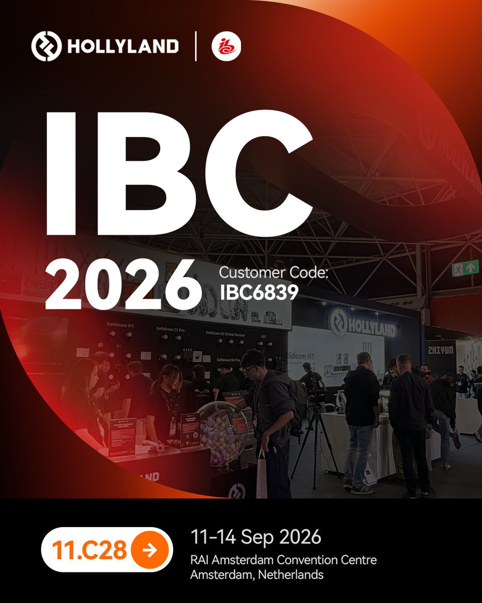 Hollyland_Tech's tweet photo. 📢 Join Us at IBC 2026 in Amsterdam!

📅 Event Details:
📍 Location:  RAI Amsterdam Convention Centre
🎪 Booth: 11.C28

We look forward to connecting with our incredible community, partners, and new friends. See you on the show floor!

#IBC2026 #Filmmaking #Hollyland https://t.co/9Q74eUoQ8L
