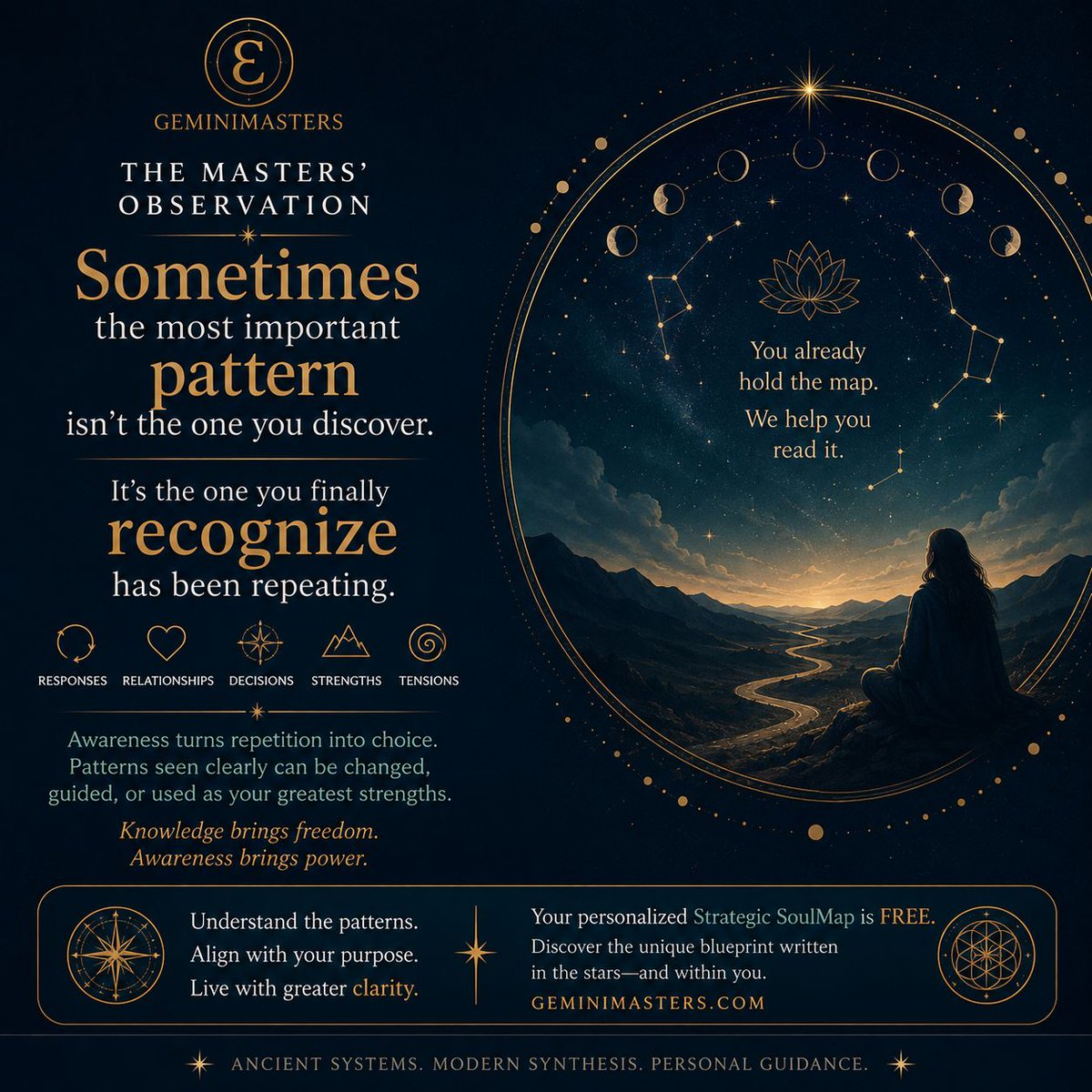 geminimasters25's tweet photo. Sometimes the most important pattern isn’t the one you discover.

It’s the one you finally recognize has been repeating.

Self-knowledge doesn’t remove the pattern. It gives you the chance to see it clearly enough to choose what you do with it.

— The Masters https://t.co/VsbQ0JSnv0