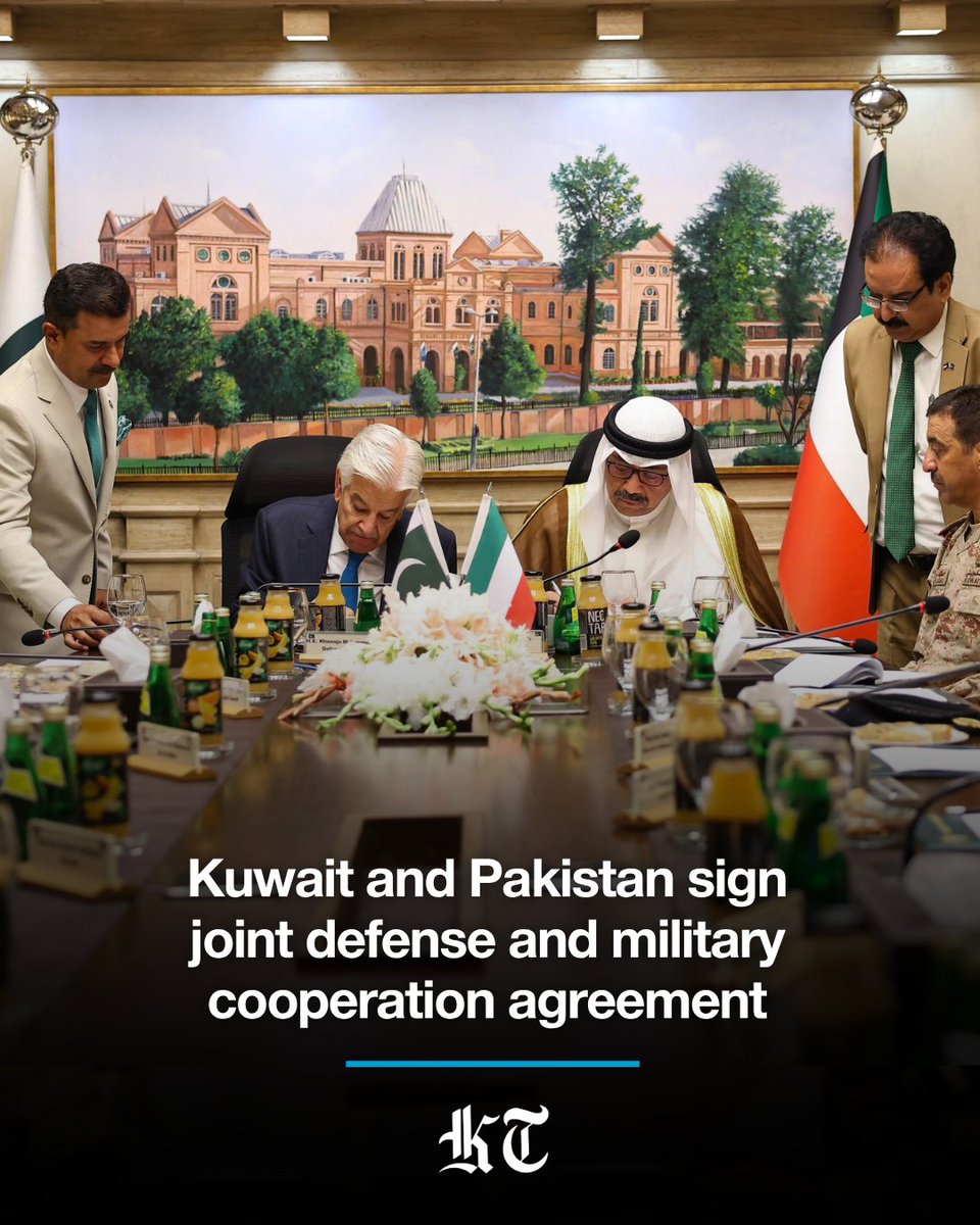kuwaittimesnews's tweet photo. Kuwait and Pakistan signed a joint defense and military cooperation agreement during the Kuwaiti Defense Minister Sheikh Abdullah Ali Abdullah Al-Salem Al-Sabah's visit to Islamabad on Thursday.

Duirng the visit, Sheikh Abdullah met with Pakistan's Minister of Defense Khawaja Muhammad Asif, and the two sides discussed boosting defense and military cooperation between the two countries. They also discussed regional developments and efforts exerted to promote security and stability in the region, Kuwait Army said in a statement.

The two ministers signed the cooperation agreement, which constitutes a "significant step in defense and military cooperation between the two countries," said the statement.

The agreement helps promote operational coordination, exchange of expertise, and armed forces' integration to serve common interests and support regional security and stability, the army said.

Kuwait Army Chief of Staff Lieutenant General Khaled Al-Shuraiaan and Kuwait's Ambassador to Pakistan Nassar Al-Mutairi attended the signing ceremony.