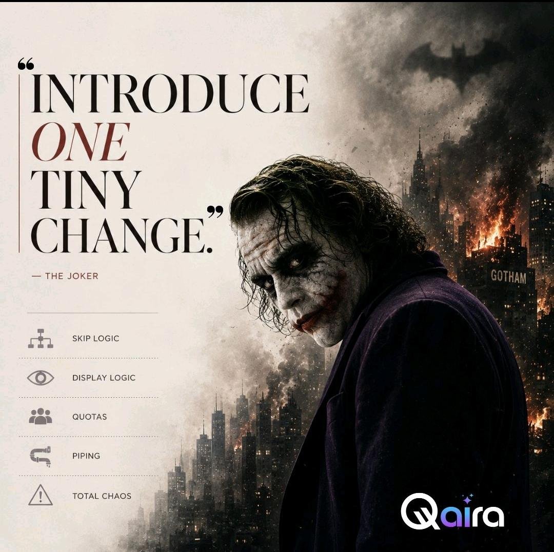 Qairabyquest's tweet photo. One tiny change can create a very different outcome. Skip logic, display logic, quotas and piping shape both the respondent experience and the data you trust. 

Build carefully. Test intelligently.

#Qaira #SurveyProgramming #ResearchTech https://t.co/xR9RhSjuuf