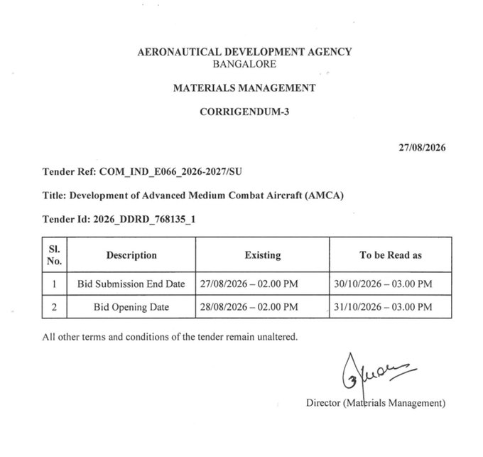 TheVicharNeethi's tweet photo. 🇮🇳✈️ AMCA's Development-cum-Production Partner bid deadline has been extended again, now to October 30, 2026.

Tata, L&amp;T-BEL-Dynamatic and Bharat Forge-BEML-Data Patterns are in the race to win the tender

India's 5th-gen fighter journey moves forward—but delays continue.

#AMCA https://t.co/GjynJRo4J6