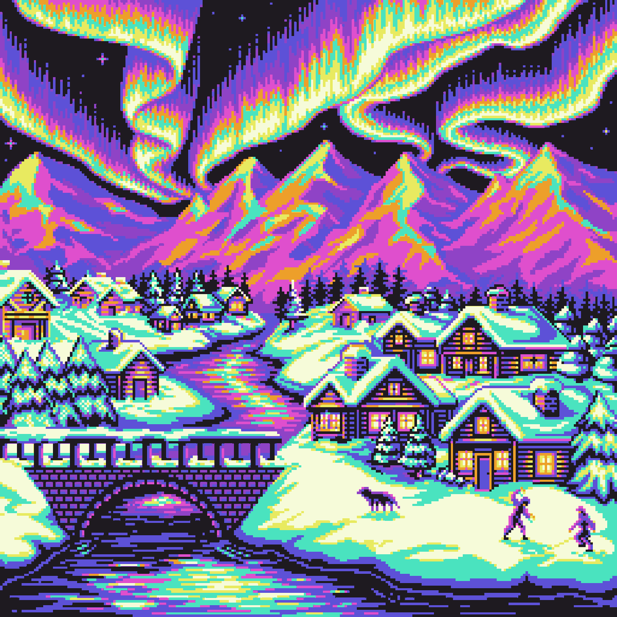 anza__c's tweet photo. 'Under the Northern Lights' on @basepaint_xyz 

I and 68 other artists collaborated together to paint this canvas🖌️

There are many things I love about it: the warmth of the houses, the pristine snow, the shimmering mountains, the magnificence of the aurora✨
 
#pixelartㅤㅤ https://t.co/FE8wKYlaJO