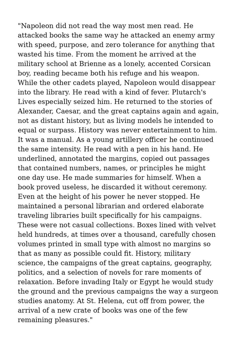 adonispara's tweet photo. Napoleon did an insane amount of reading throughout his life and at some point he even had commissioned a custom traveling campaign library. a book carriage that traveled with his army during battles. this is how Napoleon’s secretaries and companions describe his reading. https://t.co/T6M4QTGX5a