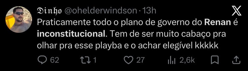 FerriCassio's tweet photo. O discurso copiado e colado da vez é:

"Tudo que o Renan Santos propõe é inconstitucional"

Ao perceber que ele é o candidato mais preparado e com maior habilidade retórica, oque sobrou foi atacar o espantalho da inconstitucionalidade. https://t.co/jfYWBdxMd9