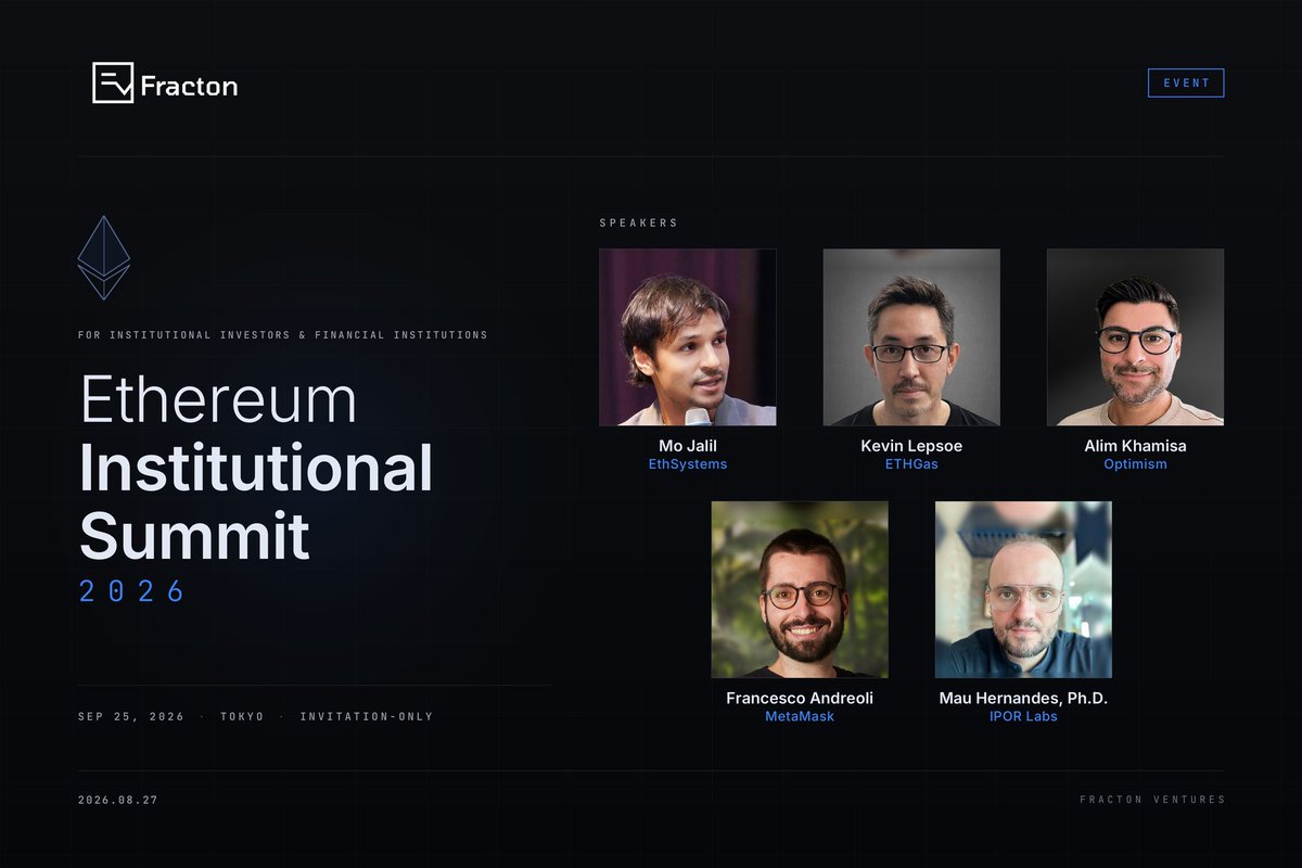 wecandaoit's tweet photo. 【 Announcement 】

Announcing Ethereum Institutional Summit 2026 — an invite-only conference for institutional investors, financial institutions, and listed companies. Tokyo, September 25.

Japan's first Ethereum-focused summit built for institutions. 

First 5 speakers announced 👇