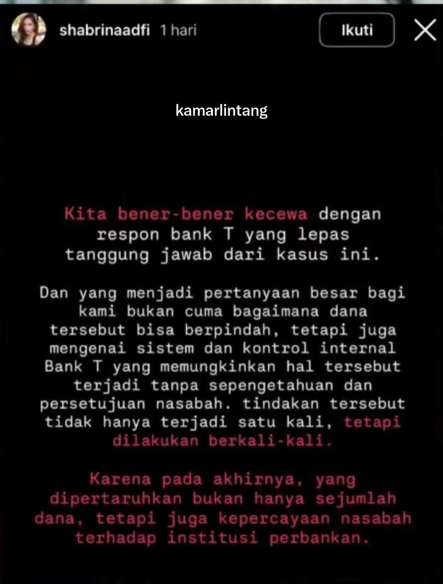 kamarlintang's tweet photo. BANK mana lagi yg harus dipercaya iniiii ???? 😑

Shabrina Adfi spill uang ibu mertuanya, hasil kerja keras bertahun-tahun, yg disimpen di bank T, HILANG gitu aja.

Pegawai yg dinyatakan bersalah udah dipenjara, tapi duit ibu mertuanya gak kunjung dibalikin.

Mereka udah berkali-kali ke bank, menghubungi OJK & DPR, tapi belum ada penyelesaiannya.

Shabrina & keluarga mertuanya kecewa banget karna respons bank T ini kayak lepas tanggung jawab.