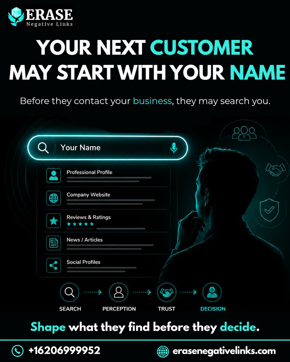 erasenegative's tweet photo. Your next customer may start with your name. 🔍 Before they contact you, they may search, compare, and decide based on what they find online. Make your digital reputation work for you.

#OnlineReputation #ORM #DigitalReputation #BrandTrust #ReputationManagement #OnlinePresence https://t.co/PsFJ1f7LDk