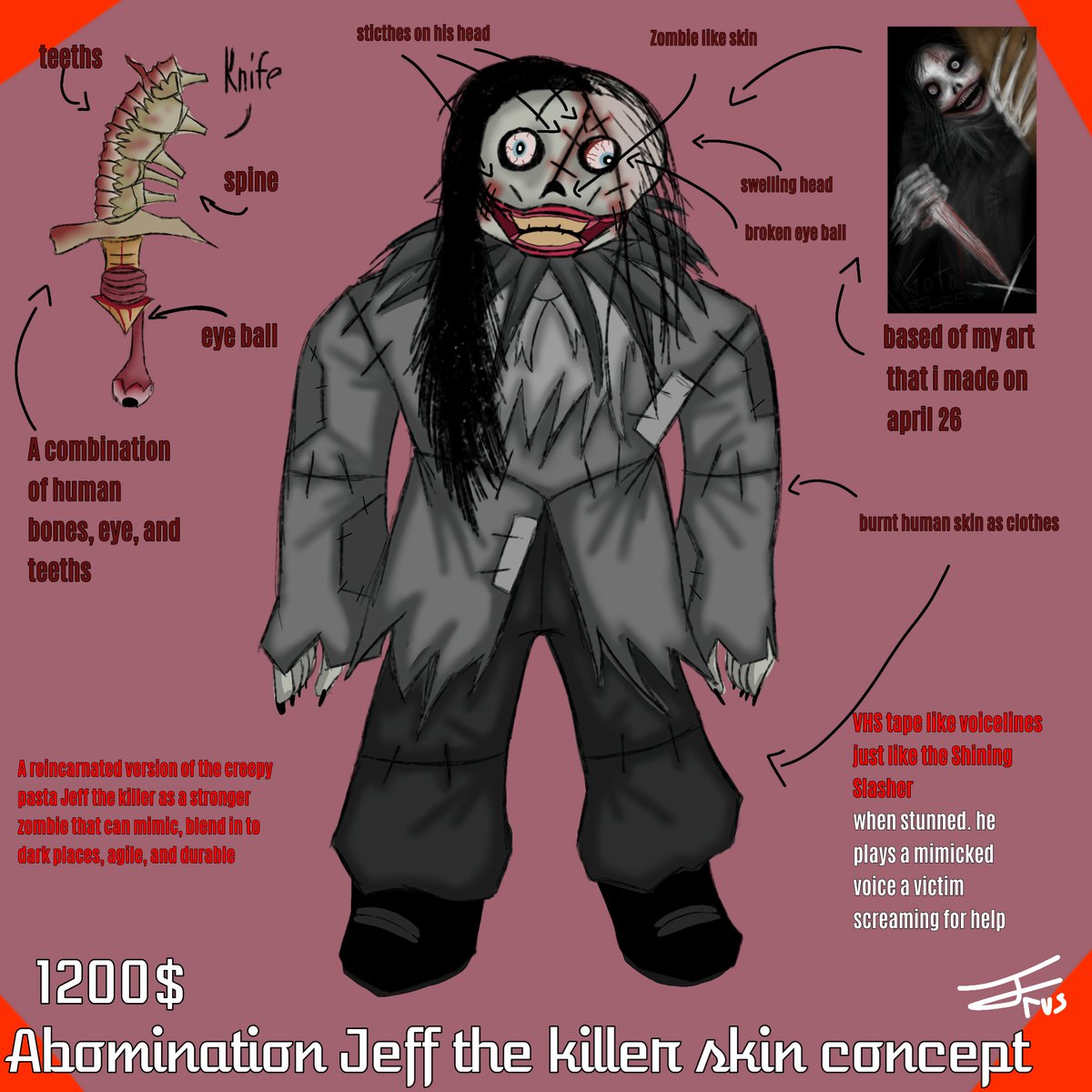 greenishJrus's tweet photo. A very disturbing forsaken Jeff the killer skin concept 

ABOMINATION JEFF
Price: 1200$
Based of my art from april 26 2026
#forsaken #skinconcept https://t.co/7k2ypRExDb