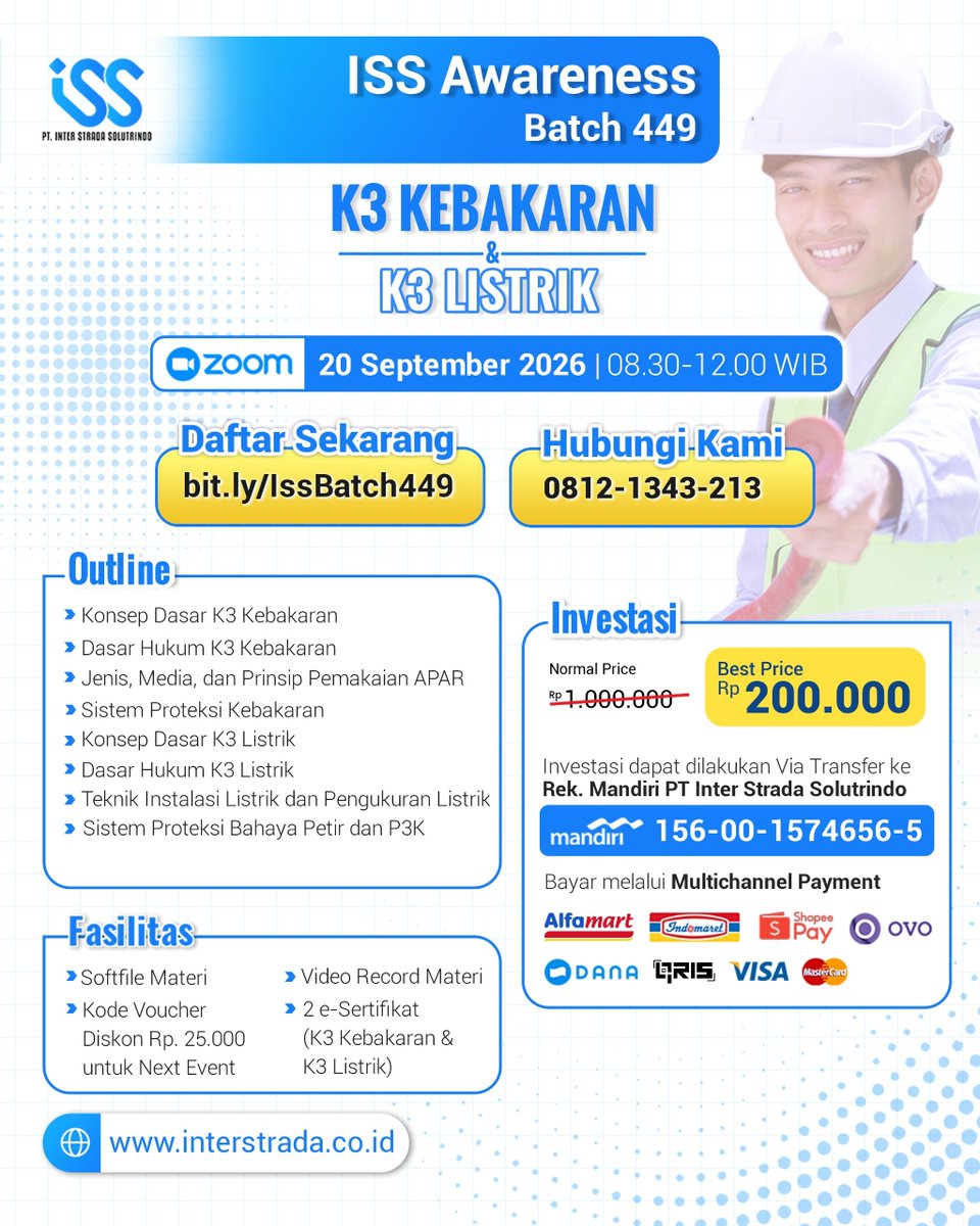 Interstrada_id's tweet photo. ONLINE TRAINING K3 KEBAKARAN &amp; K3 LISTRIK 20 SEPTEMBER 2026

Yuk upgrade skill kamu bersama kami.

Training diadakan secara online tentunya dengan narasumber yang berkompeten di bidangnya.

Link: https://t.co/nAmi8c1bC3

PT Inter Strada Solutrindo
Best training and consulting https://t.co/PQYsiDwrre