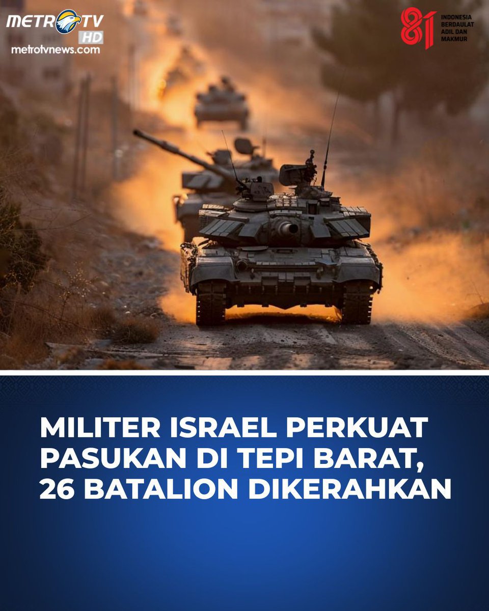 Metro_TV's tweet photo. Militer Israel memperkuat kehadiran pasukannya di Tepi Barat yang diduduki dengan meningkatkan jumlah batalion yang dikerahkan menjadi 26. Menurut laporan Channel 12 Israel pada kamis (27/8/26), penambahan pasukan tersebut dilakukan tanpa menjelaskan skala maupun alasan di balik penguatan militer itu. Di sisi lain, Komisi Perlawanan terhadap Tembok dan Permukiman Palestina menyampaikan bahwa otoritas Israel menyita sekitar 15 dunam atau 1,5 hektare lahan milik Kota Al-Bireh di Tepi Barat untuk membangun jalur keamanan sepanjang hampir 4 kilometer yang mengelilingi permukiman Israel di tanah Jabal al-Taweel.

#israel #palestina #tepibarat