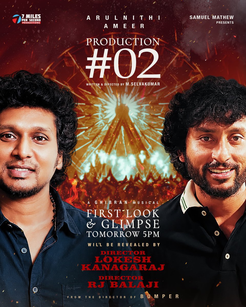KollywoodCinima's tweet photo. A special reveal is coming your way! ✨🔥 The First Look &amp; Glimpse of 7 MILES PER SECOND Production #2 will be unveiled tomorrow at 5 PM by Director/Actor @Dir_Lokesh &amp; @RJ_Balaji! 🎬💥

“Escape the Law. Face the God.” ⚡
@arulnithitamil #Ameer https://t.co/Y5ZpKapF41