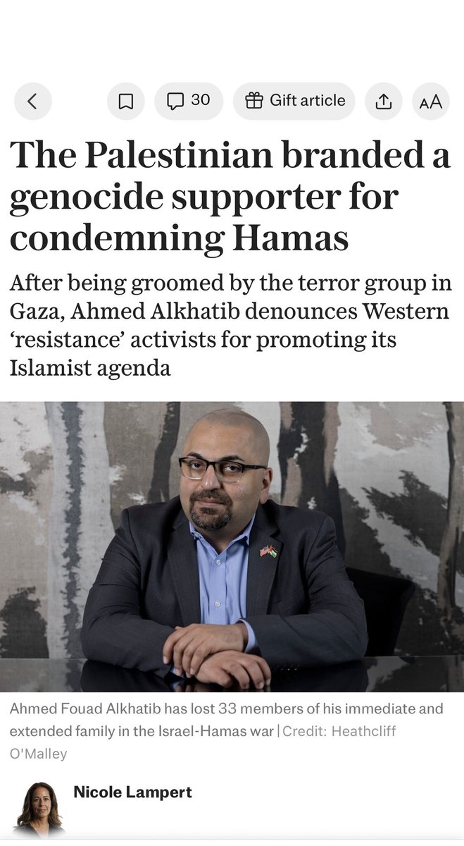 nicolelampert's tweet photo. My interview with the brilliant and inspiring Ahmed Fouad Alkhatib

‘He calls those in the “pro-Palestinian” movement the “quote community”, because he says they do not mean what they say. He was stunned by the way they simply aped the Hamas narrative. “At first, I was willing to give them the benefit of the doubt,” he says. “I thought that maybe they were just ignorant. That they were horrified by the avalanche of painful scenery coming out of Gaza, and that had triggered an emotional response that would moderate over time, give way to more rational argument and understanding of the issues. But I saw the ‘resistance’ trend of the ‘quote community’ worsening over time.”

He sees the “quote community” as disparate groups all desperately searching for identity, and using the Palestinian cause to find it.

“For some people, this became a fraternity for expressing an identity. Some elements of the Muslim community who are not Arab want to express, ‘We’re real Muslims, and now we’re going to out-Palestinian actual Palestinians.’”

He adds that another part of the fraternity is what he calls “October 8 pro-Palestinians”, such as those supporting Black Lives Matter, women’s rights and LGBT causes. However, he says that “there are unique characteristics to the Israel and Palestine conflict that you can’t use Western social justice causes to explain away”.

He says the movement also attracts various Islamists, Arabs and Muslims, but only “a small number of Palestinians”. He adds: “While I don’t want to abdicate responsibility for the Palestinian component of the ‘movement’, in the main, what is really driving it is non-Palestinians speaking over Palestinians.”

Gift link below: