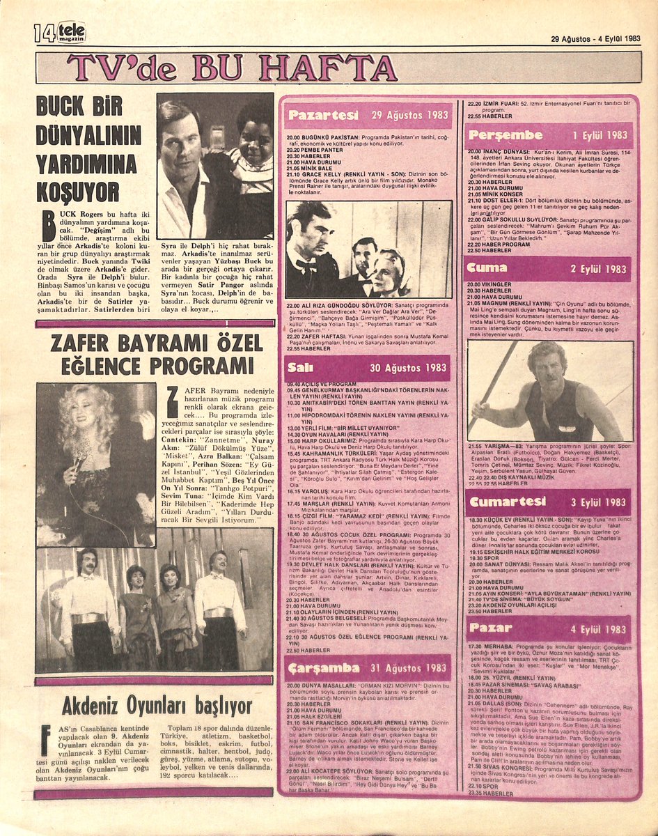 Mehmetcan198's tweet photo. #BuckRogersinthe25thCentury #YirmibeşinciYüzyıl #GilGerard #FelixSilla #GaryColeman #Magnum #TomSelleck #SevimTuna #BeşYılÖnceOnYılSonra #KartalTibet #ZekiMüren #Yeşim #YeşimYılmaz #Dallas #HıncalUluç #Ağustos #Eylül #1983yılı TV yayın akışı dizi @yasemi @_Arsiv_ https://t.co/Zs41vNCh9o