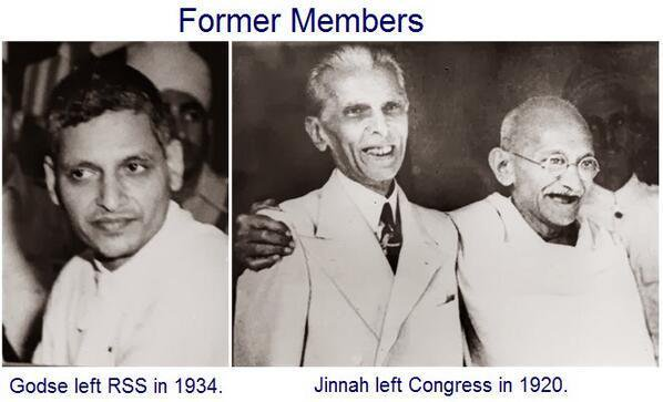 rishibagree's tweet photo. Nathuram Godse left the RSS in 1934 &amp; Jinnah left the Congress in 1920.

If the RSS is responsible for Gandhi's killing, then by the same logic, the Congress is responsible for the painful partition that killed 20 million Hindus https://t.co/uCV0a25MhZ
