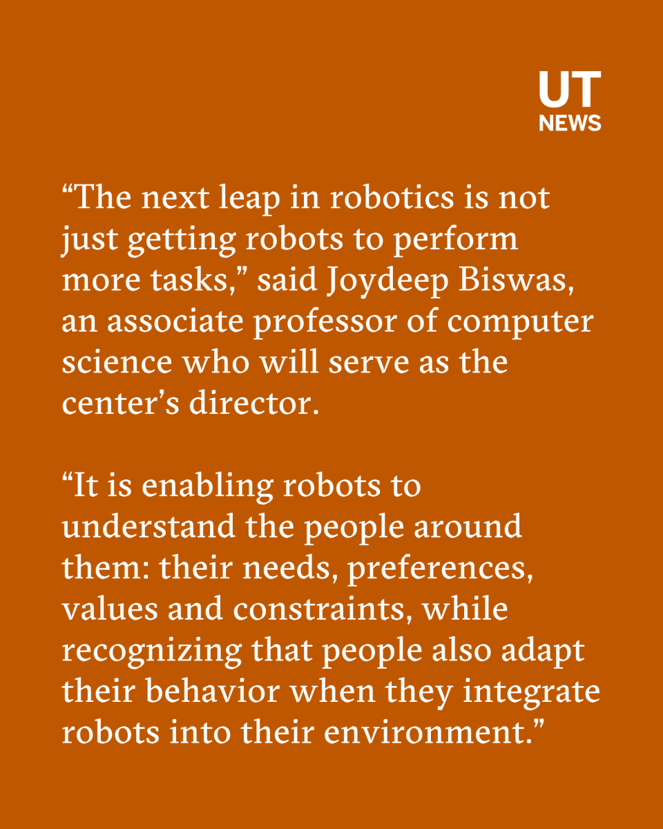 UTAustin's tweet photo. A new $30 million @NSF award will establish the Center for Human and Robot Co-Adaptation at UT Austin.

Led by Texas researchers, the new center will advance groundbreaking research into how humans and robots can learn to live and work together.

Another bold step forward for research at Texas. 🤘 

Read more: https://t.co/7Cnan7ap54